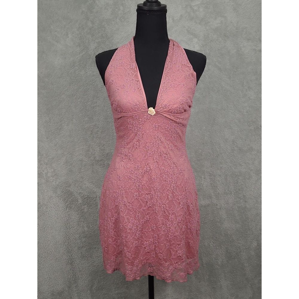 Motel Codami Halterneck Mini Dress in‎ Lace Pink Sz Med Babydoll Bodycon